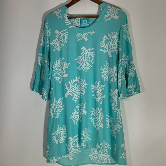 Escapada Swim Cover-Up Turquoise Blue White Coral Pattern Long Sleeve Size Med - Picture 16 of 16